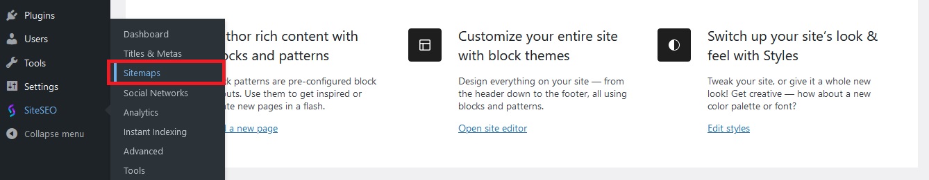 Wp SiteSEO menu Wp SiteSEO menu