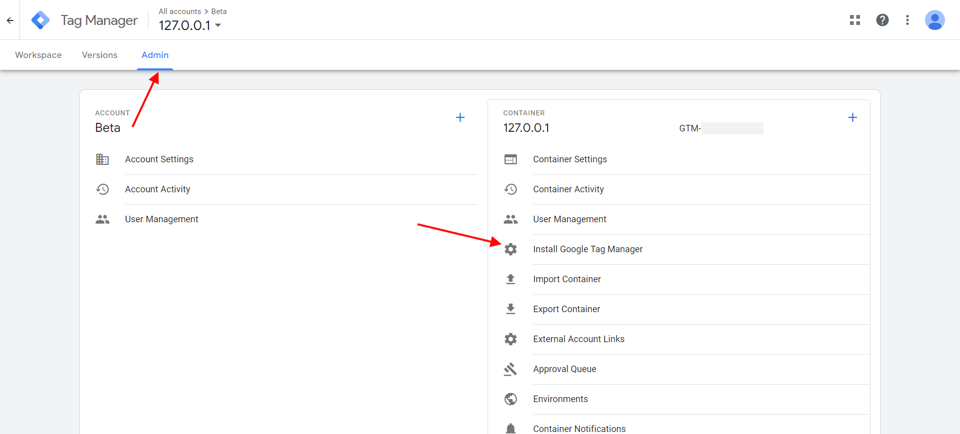 Google Tag manager admin page Google Tag manager admin page