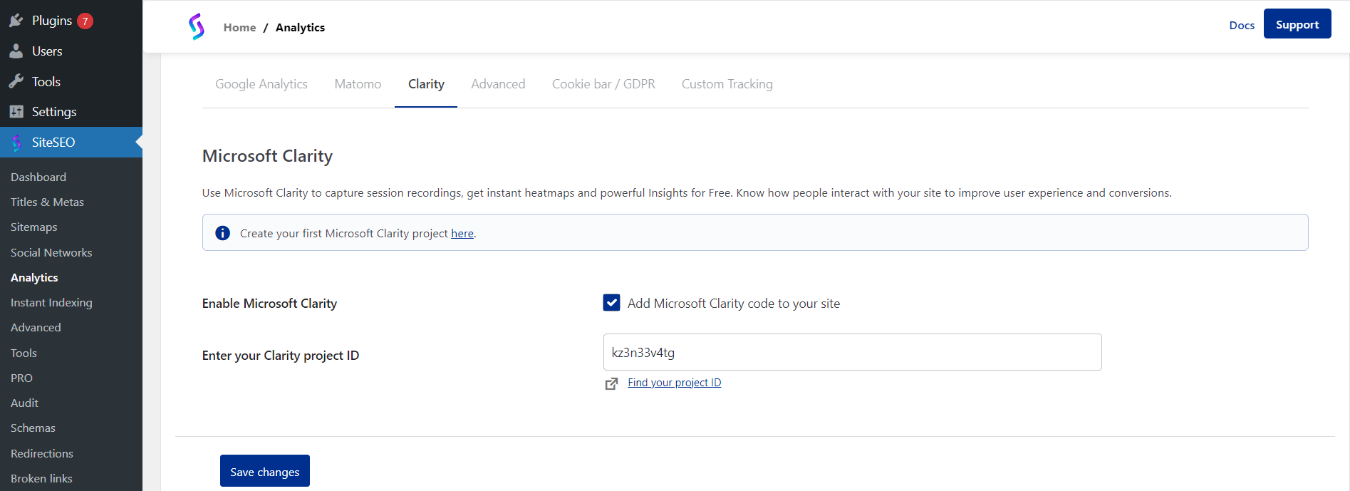 SiteSEO clarity Settings SiteSEO clarity Settings