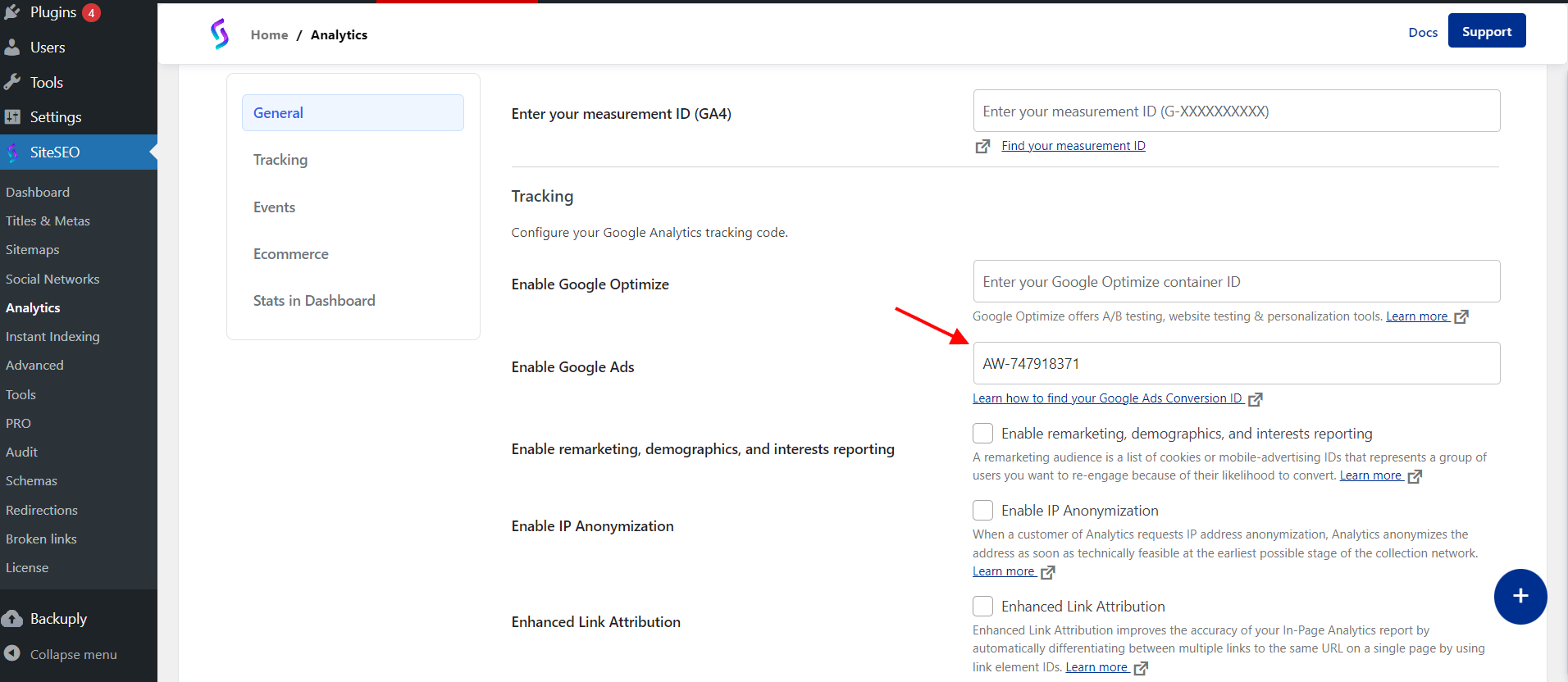SiteSEO Google Ads Conversion ID
