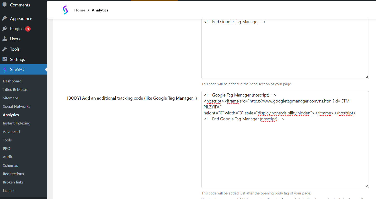 Google Tag manager code in the body using SiteSEO Google Tag manager code in the body using SiteSEO