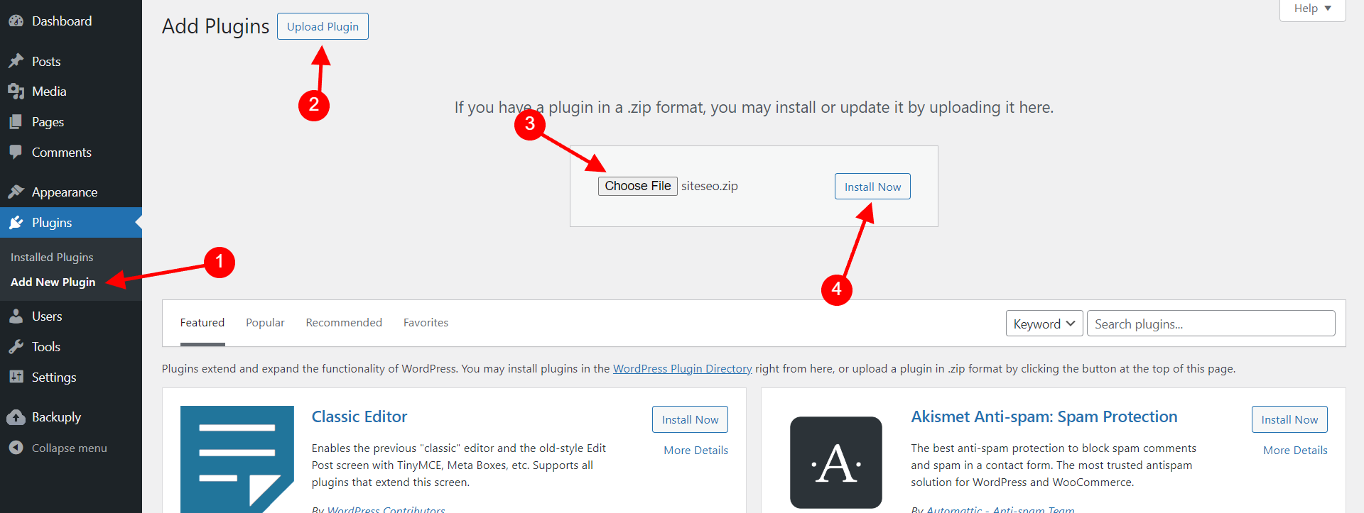 Install SiteSEO through Upload SiteSEO through Upload