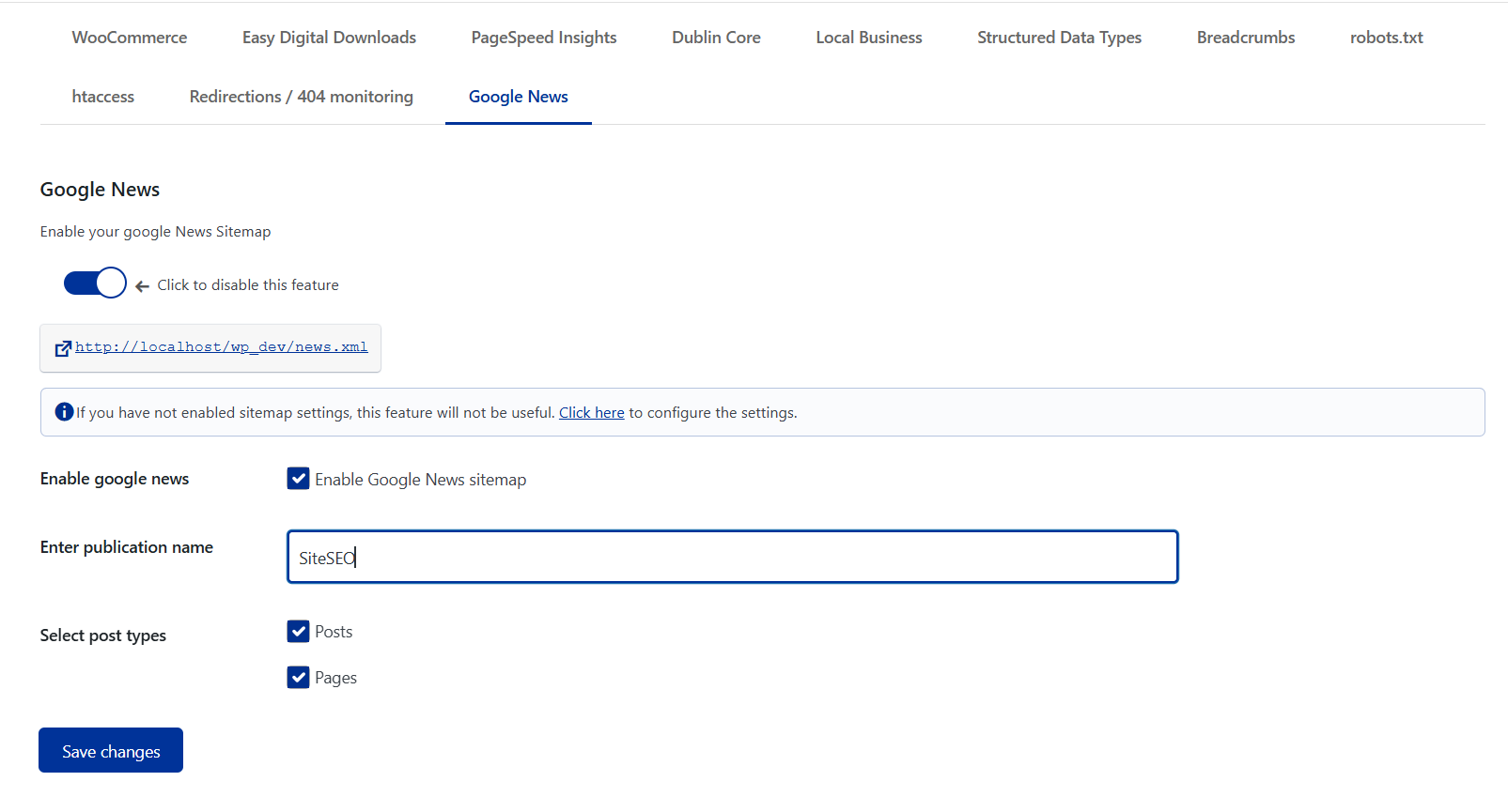 SiteSEO Google News Settings Page