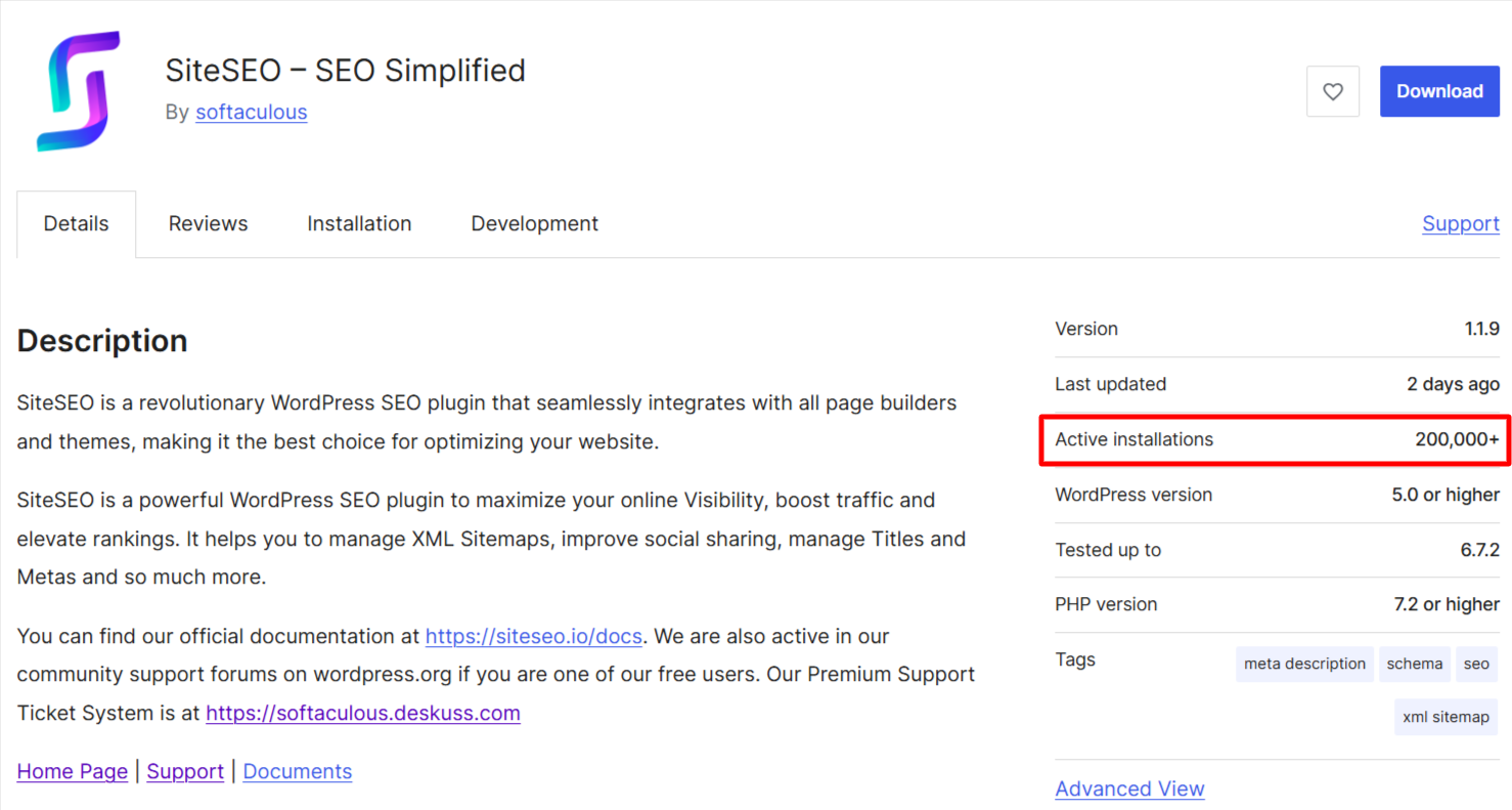 Screenshot of SiteSEO's WordPress.org page highlighting 200K installs
