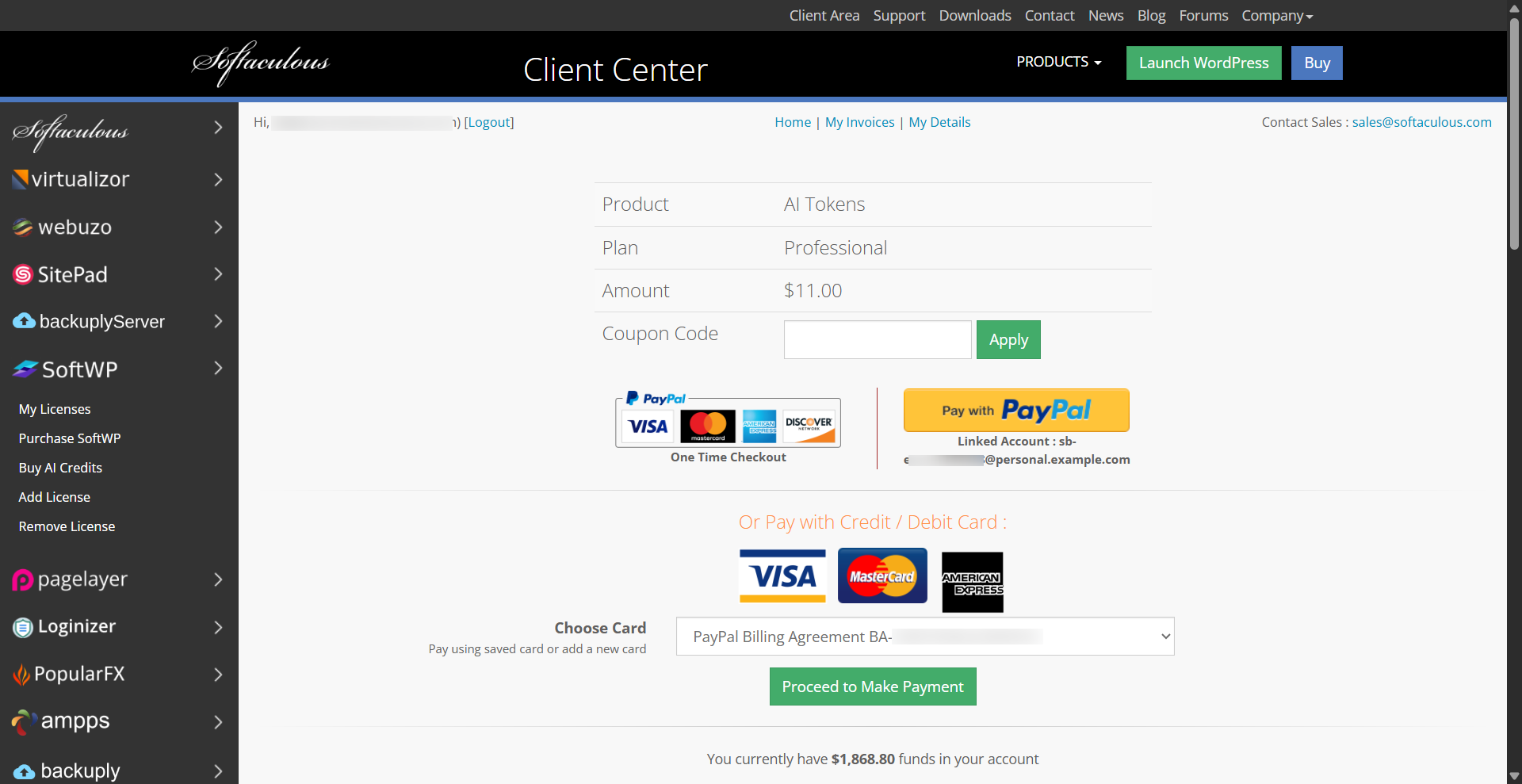 SIteSEO AI token payment method page, showing final price and payment method options