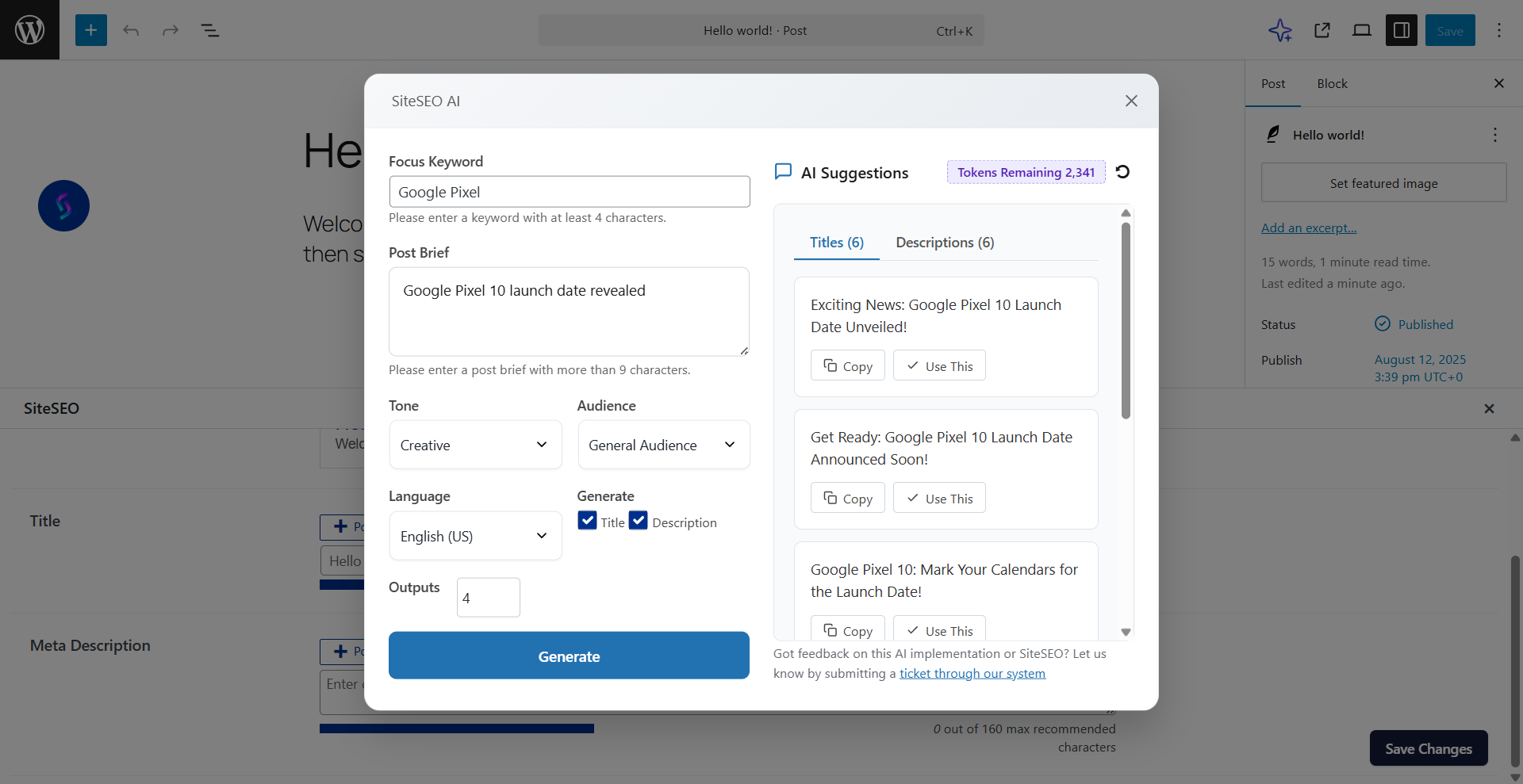 SiteSEO AI generator page