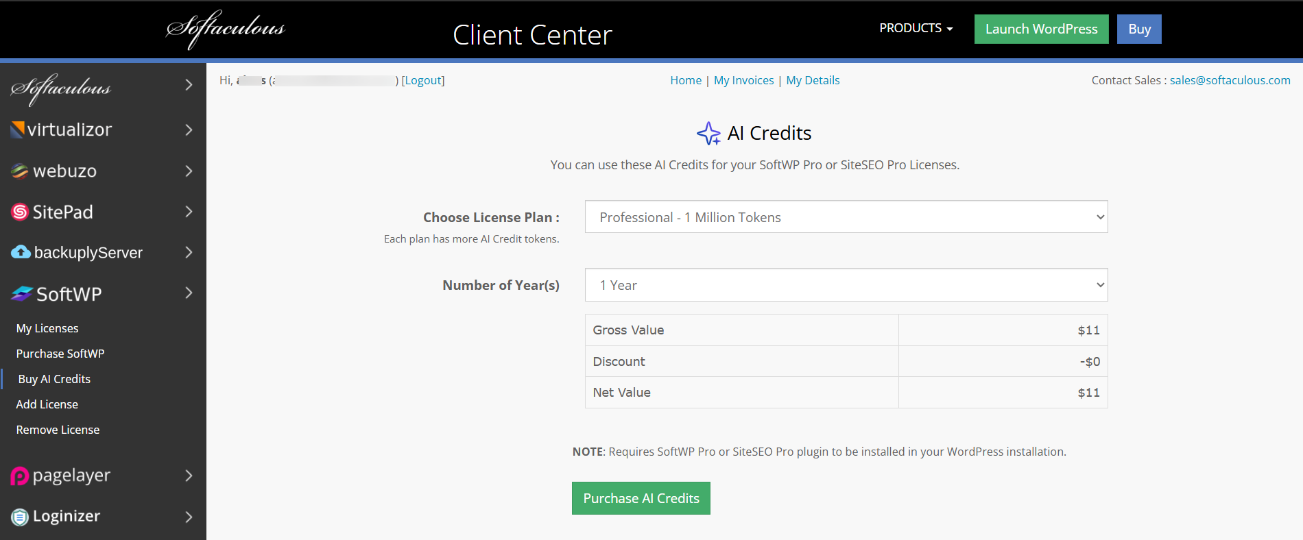 SiteSEO AI buy page, showing token count options